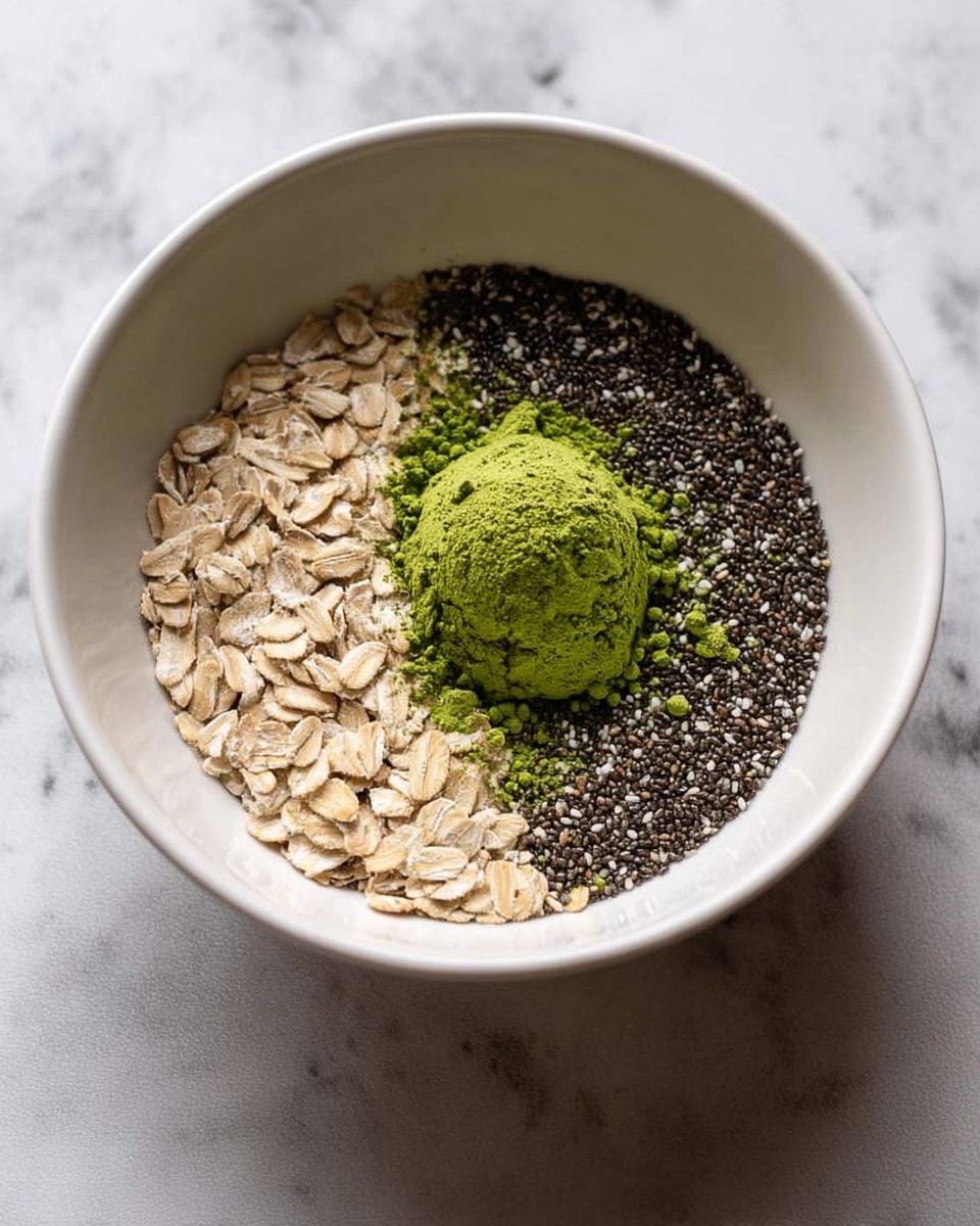 Inside a white bowl, there is a base layer of light beige rolled oats spread evenly on one side, next to a dense pile of small black chia seeds. On top and slightly centered is a small mound of bright green powder, with some of the powder scattered around it. The bowl sits on a white marbled surface. Photo taken with an iphone --ar 4:5 --v 7