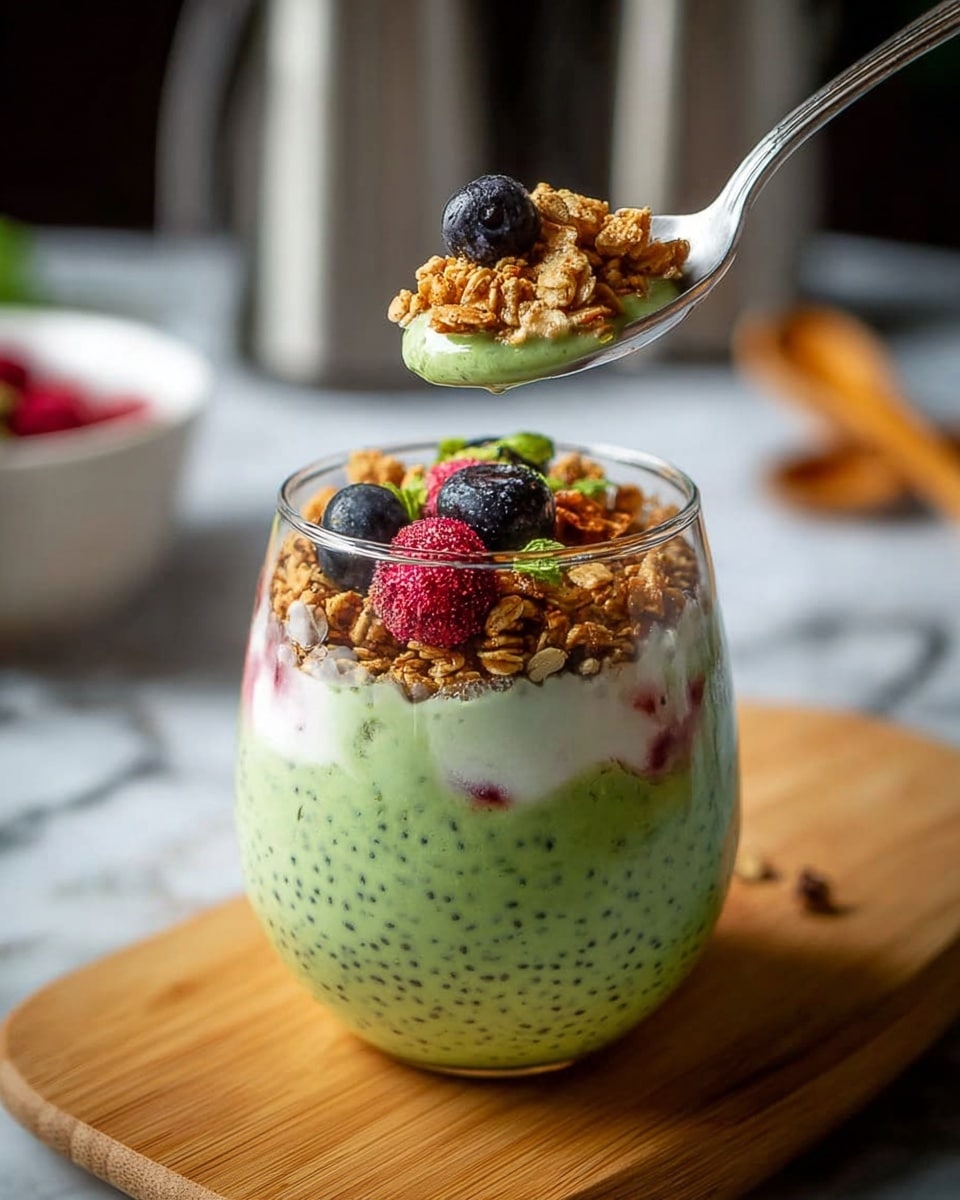 The image shows a clear round glass filled with a creamy green pudding that has small black seeds and pieces of red fruit mixed inside. On top, there is a crunchy golden granola layer sprinkled with small dark blueberries and halved red berries. A silver spoon is gently scooping some granola and berries from the top. The glass sits on a light wooden board, and the background shows a white marbled surface with blurred kitchen tools. Photo taken with an iphone --ar 4:5 --v 7