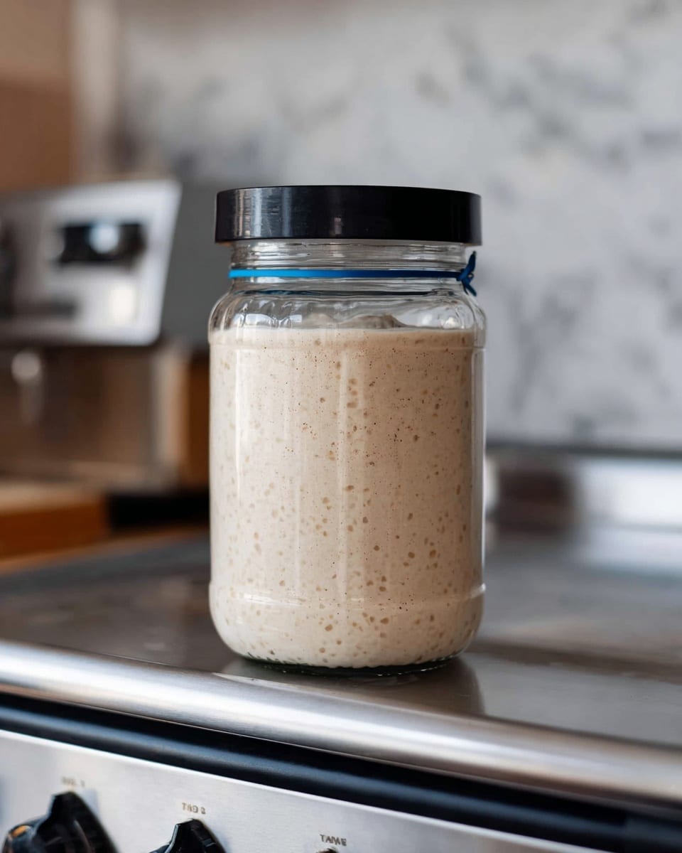 A clear glass jar filled with light beige sourdough starter showing bubbles throughout, indicating fermentation. The jar has a black lid and a blue rubber band wrapped around the middle. It is placed on a shiny silver coffee machine with smooth metallic texture and knobs visible at the front, set against a white marbled background with a faint view of a kitchen wall outlet in the back. photo taken with an iphone --ar 4:5 --v 7