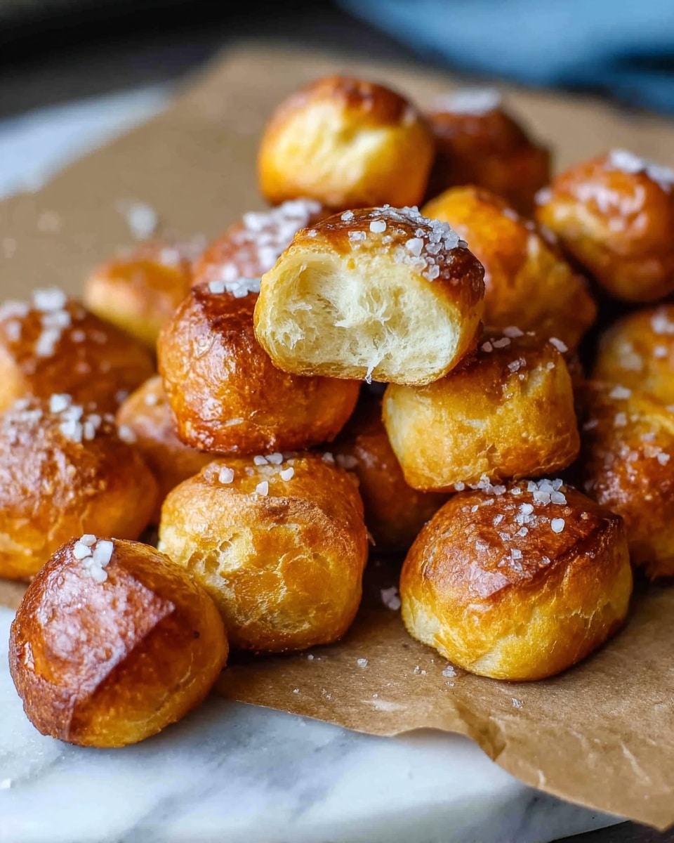 A pile of small golden brown soft pretzel bites is spread loosely on a brown paper over a white marbled surface. Each piece has a smooth, shiny crust with coarse salt crystals sprinkled on top, adding texture. One pretzel bite in the front has a visible fluffy and light interior where a woman's hand has taken a bite. The overall color gradient moves from deeper brown on the edges to lighter golden hues on the tops, giving a warm and fresh look. Photo taken with an iphone --ar 4:5 --v 7