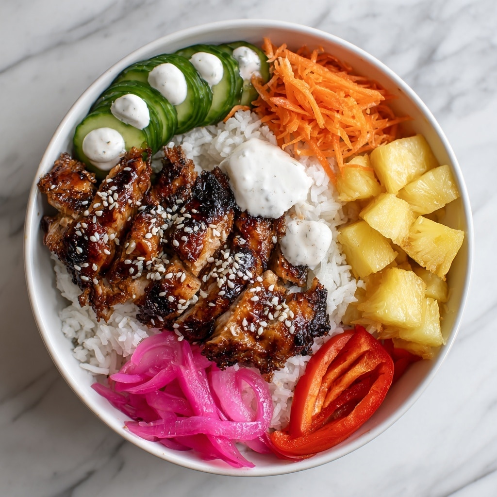A black bowl contains a colorful layered dish starting with a base of white rice. On top of the rice, in the center, there are several slices of glazed chicken with a shiny brown sauce sprinkled with white sesame seeds. Around the chicken, there are neat piles of sliced cucumber with a light green color, thin orange carrot sticks, small yellow pineapple cubes, bright green edamame beans, thin slices of red bell pepper, and purple pickled onions. The bowl sits on a white marbled surface. Photo taken with an iphone --ar 4:5 --v 7