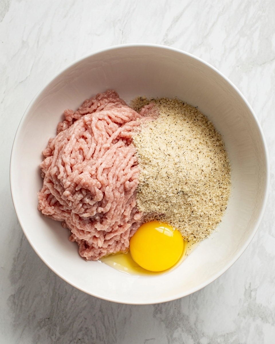 The image shows a white bowl filled with thick spaghetti noodles coated in red tomato sauce. On top of the noodles are round, browned meatballs, some covered in sauce with a sprinkle of white cheese and chopped green herbs. In the foreground, a black fork holds up one meatball with tomato sauce and cheese, sharply focused against the blurred background of noodles and other meatballs. The bowl sits on a white marbled surface with a striped cloth and some crackers or bread pieces nearby. Photo taken with an iphone --ar 4:5 --v 7