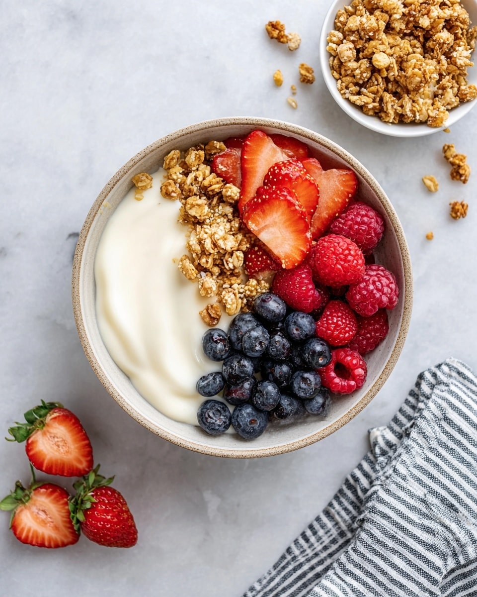 A white bowl filled with smooth, creamy white yogurt spread evenly as the base layer, topped with three sections: bright red strawberries, vivid red raspberries, and deep blue blueberries arranged neatly in separate clusters. There is a layer of light brown granola sprinkled generously across one side and scattered over the fruits. The bowl is placed on a white marbled surface with a small white bowl of granola nearby and a striped cloth visible in the top right corner. A few strawberries and granola pieces are placed casually around the bowl. photo taken with an iphone --ar 4:5 --v 7
