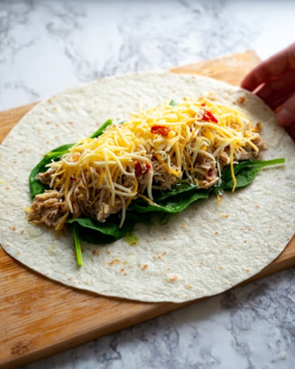 A large round white tortilla lies flat on a white marbled surface, with a layer of green spinach leaves spread lengthwise at the center. On top of the spinach, there is a thick layer of cooked, light brown shredded meat, topped with a generous amount of shredded yellow cheese. Small bits of red sauce or seasoning are sprinkled lightly over the cheese. A woman's hand is holding the edge of the tortilla, suggesting it is ready to be rolled. Photo taken with an iphone --ar 4:5 --v 7