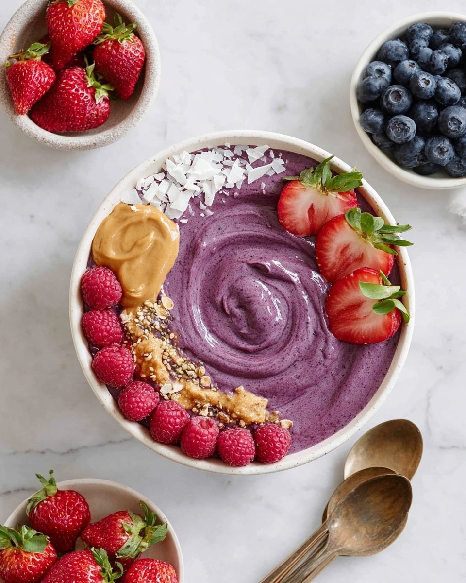 The image shows a white bowl filled with smooth purple smoothie, swirled at the center, topped with a neat row of red raspberries along the front edge, a dollop of creamy light brown nut butter on the left, a line of white coconut flakes with small granola clusters on the upper left, two halved bright red strawberries with green leaves on the top right, and a small cluster of blueberries next to the strawberries on the right. Around the bowl on the white marbled surface, there are three smaller white bowls filled with strawberries, raspberries, and blueberries, and two vintage gold-toned spoons lie to the right of the bowl. Photo taken with an iphone --ar 4:5 --v 7