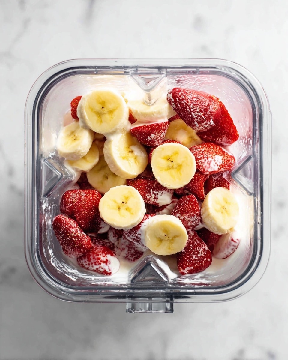 Two tall clear textured glasses filled with a thick pink strawberry banana smoothie, the one in front is topped with a fresh red strawberry and a banana slice on the rim. In the background to the right, there is a white bowl filled with red strawberries. The whole scene is set on a white marbled surface with some scattered banana slices and strawberries around. The photo taken with an iphone --ar 4:5 --v 7