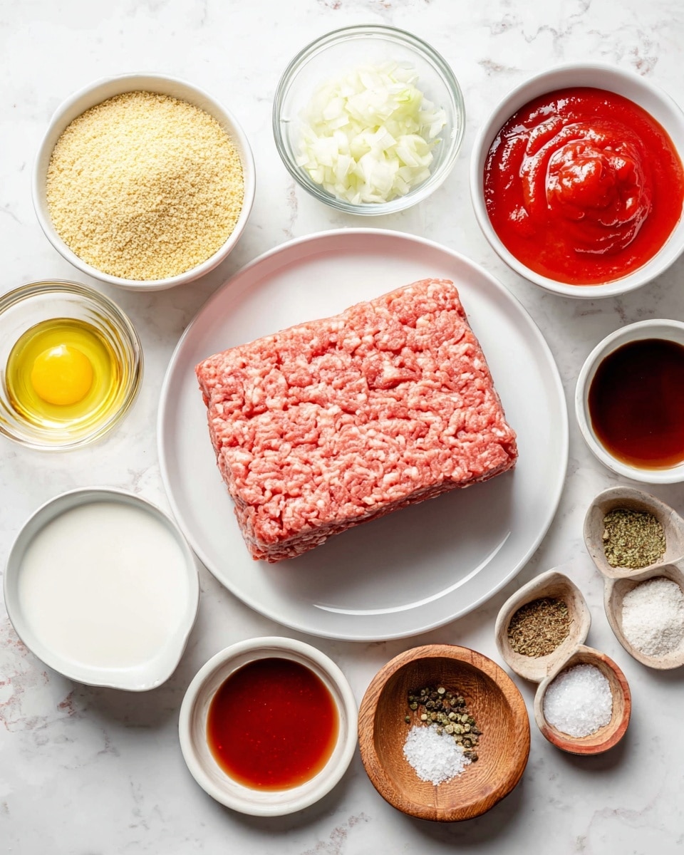 A white plate holds a large, rectangular block of raw ground meat with a pink and slightly marbled texture, placed on a white marbled surface. Surrounding the plate are small white bowls containing various ingredients: one with pale yellow breadcrumbs, another with bright red ketchup showing some shine and smooth texture, a third bowl with a dark brown liquid, and a glass bowl filled with white milk. Next to these is a tiny glass bowl of yellow mustard and another bowl filled with finely chopped white onions. A wooden bowl contains a single white egg, another wooden bowl holds assorted spices including salt, black pepper, and dried herbs, and a small glass bowl has light brown sugar. Each item is neatly arranged and spaced around the central plate photo taken with an iphone --ar 4:5 --v 7