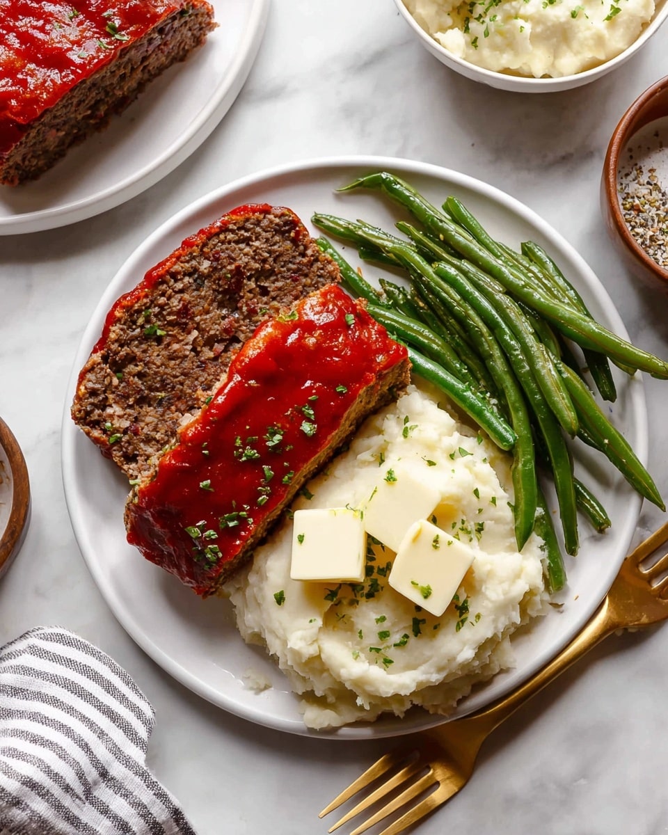 The dish shows a white plate with three sections: two thick slices of dark brown meatloaf topped with a bright red sauce and sprinkled with small green herb pieces in the bottom right, a mound of creamy white mashed potatoes with two melting pale yellow butter squares and a light sprinkle of black pepper on top in the top right, and a small bunch of shiny, cooked green beans with some brown marks on the left. The plate sits on a white marbled surface with a gold fork near the right edge and a striped cloth napkin to the left. In the background, there is a partial view of another white plate holding a single piece of meatloaf, and two small bowls containing mashed potatoes and chopped herbs. Photo taken with an iphone --ar 4:5 --v 7