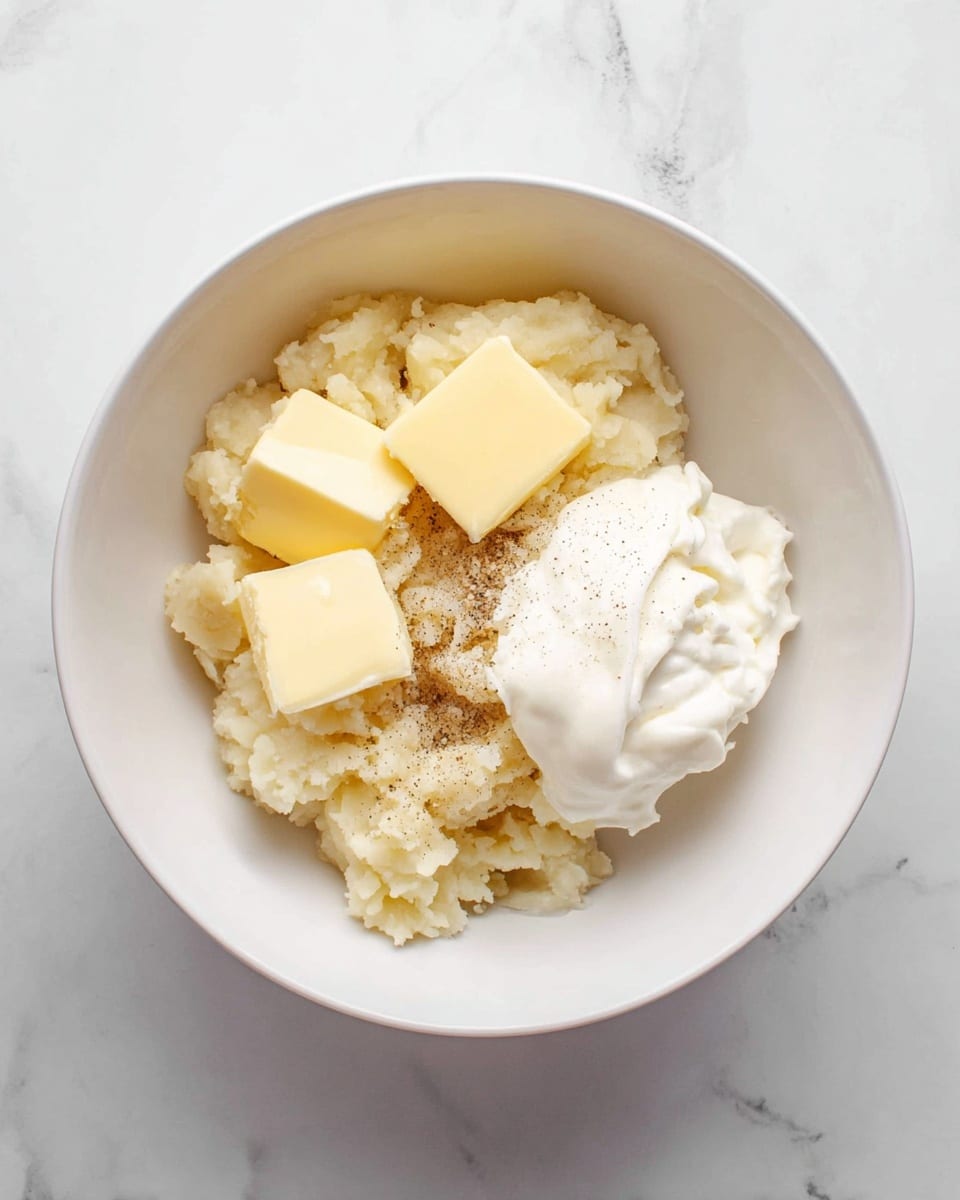 A white bowl sits on a white marbled surface, filled with three main layers of ingredients: at the bottom is a layer of rough mashed potatoes in a light beige color, on top of that are four small squares of pale yellow butter grouped together, and to the side is a smooth, thick dollop of white sour cream. In the middle, a small sprinkle of black pepper and white salt is visible on the mashed potatoes. The image is bright and clear, showing the texture of each ingredient. photo taken with an iphone --ar 4:5 --v 7