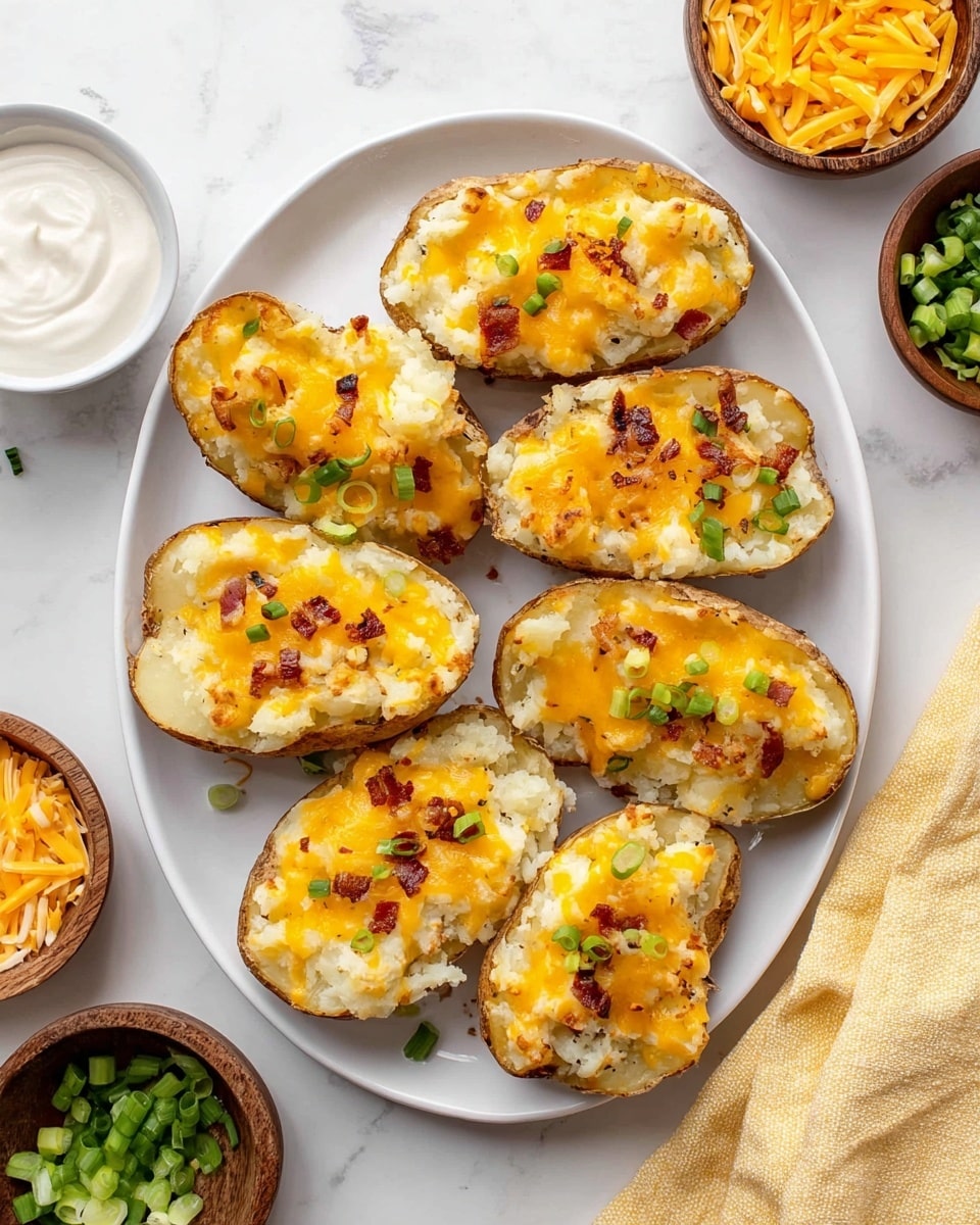 The image shows a white oval plate with six stuffed potato halves arranged closely together. Each potato half has a textured light brown skin holding layers inside: the first layer is mashed white potato mixed with small dark brown bacon bits; the second layer is melted bright orange cheddar cheese covering the top unevenly; scattered on top are thin slices of fresh green onion rings, and small red chili flakes add extra color and texture. Around the plate, a white marbled surface is visible with small brown bowls containing shredded cheddar cheese, sliced green onions, and a creamy white sauce, along with a soft yellow cloth on one side. Photo taken with an iphone --ar 4:5 --v 7