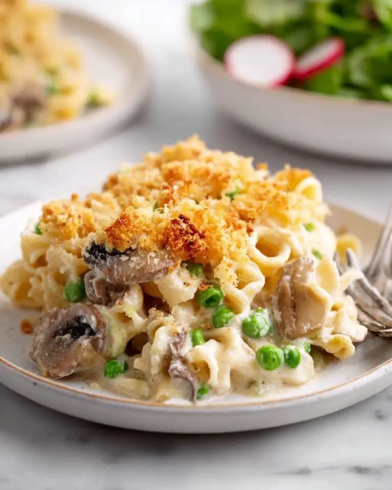 Creamy Tuna Noodle Casserole with Mushrooms and Parmesan Recipe