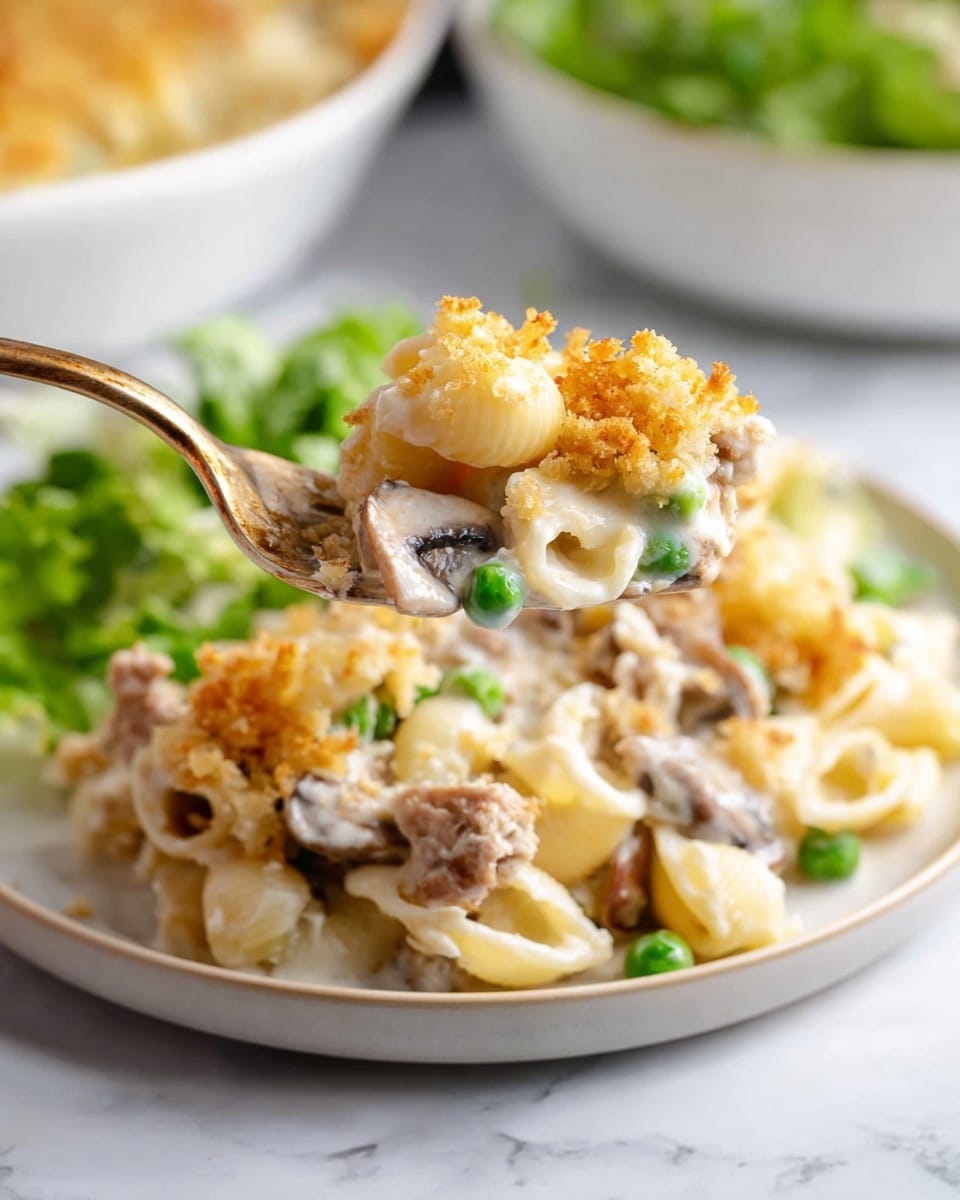 The image shows a white plate filled with creamy pasta layers. The bottom layer has round pasta pieces mixed with light green peas and mushroom slices in a thick cream sauce. On top of this is a crunchy layer of golden toasted bread crumbs, adding a rough texture contrasting with the smooth pasta. A silver fork rests on the right side of the plate, slightly pressing into the pasta. The plate sits on a white marbled surface, and in the blurred background, there is a hint of a salad with green leaves and red radish slices in a white bowl. photo taken with an iphone --ar 4:5 --v 7