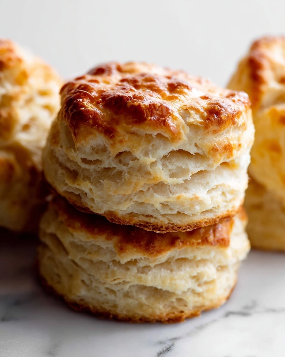 The image shows three golden brown biscuits stacked on a striped beige and white cloth on a wooden board. The top biscuit has a bite taken out, revealing a soft, fluffy inside with many layers and a light crumb texture. The biscuits have a shiny, slightly crisp crust with defined layers showing flakiness. In the blurred background, there is a white bowl with pale butter and a white container next to a bowl with red jam, all set on a white marbled surface. photo taken with an iphone --ar 4:5 --v 7