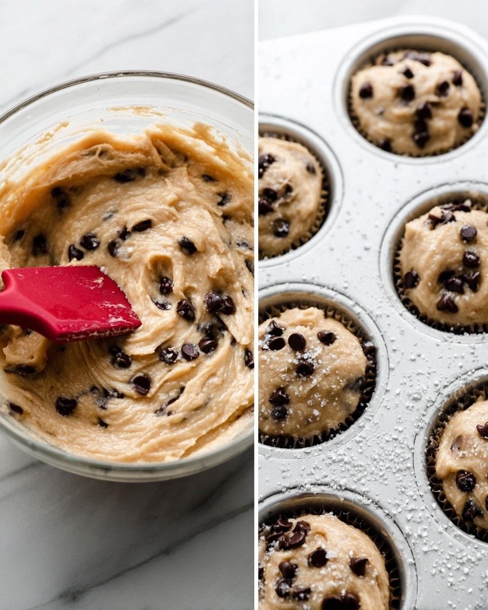 The image shows a close-up of a chocolate chip muffin cut in half, placed on a black wire cooling rack over a white marbled surface. The muffin has a light brown crumb with a soft, slightly crumbly texture and is filled evenly with small to medium-sized dark chocolate chunks scattered throughout. The edges have a golden-brown baked crust, and the top of the muffin is rough and uneven with visible chocolate pieces embedded. In the background, there are other whole muffins blurred softly, creating depth. A small piece of chocolate and crumbs are on the white marbled surface in front of the muffin. photo taken with an iphone --ar 4:5 --v 7