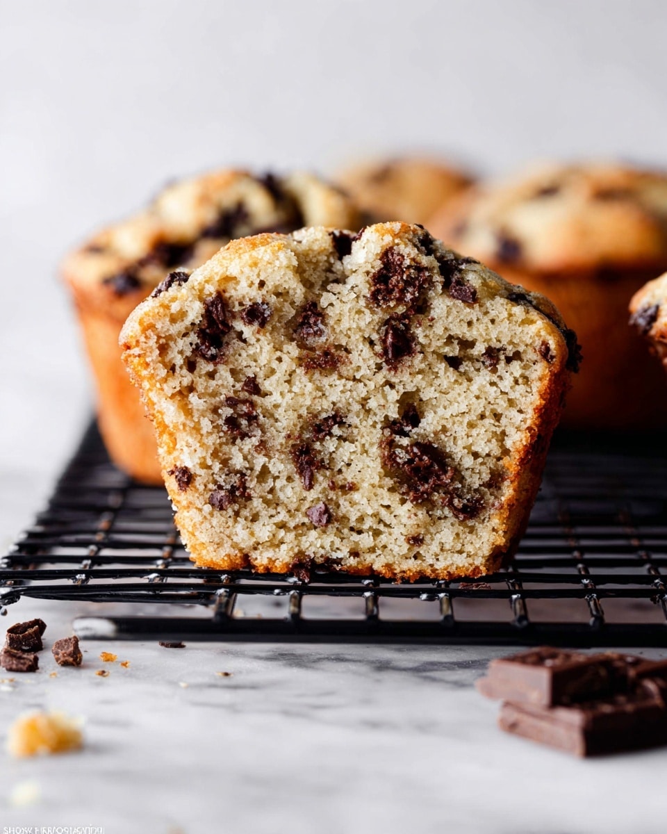 The image shows two parts: on the left, a clear glass bowl filled with thick, light beige batter mixed with dark chocolate chips, with a red spatula inside. The batter has a smooth but slightly textured surface with visible chocolate chips spread throughout. On the right, close-up view of a white metal muffin pan with several wells filled with the same batter, topped with extra chocolate chips and coarse sugar crystals sprinkled on top. The muffin batter is creamy and holds shape inside each well. The background is a white marbled surface. Photo taken with an iphone --ar 4:5 --v 7
