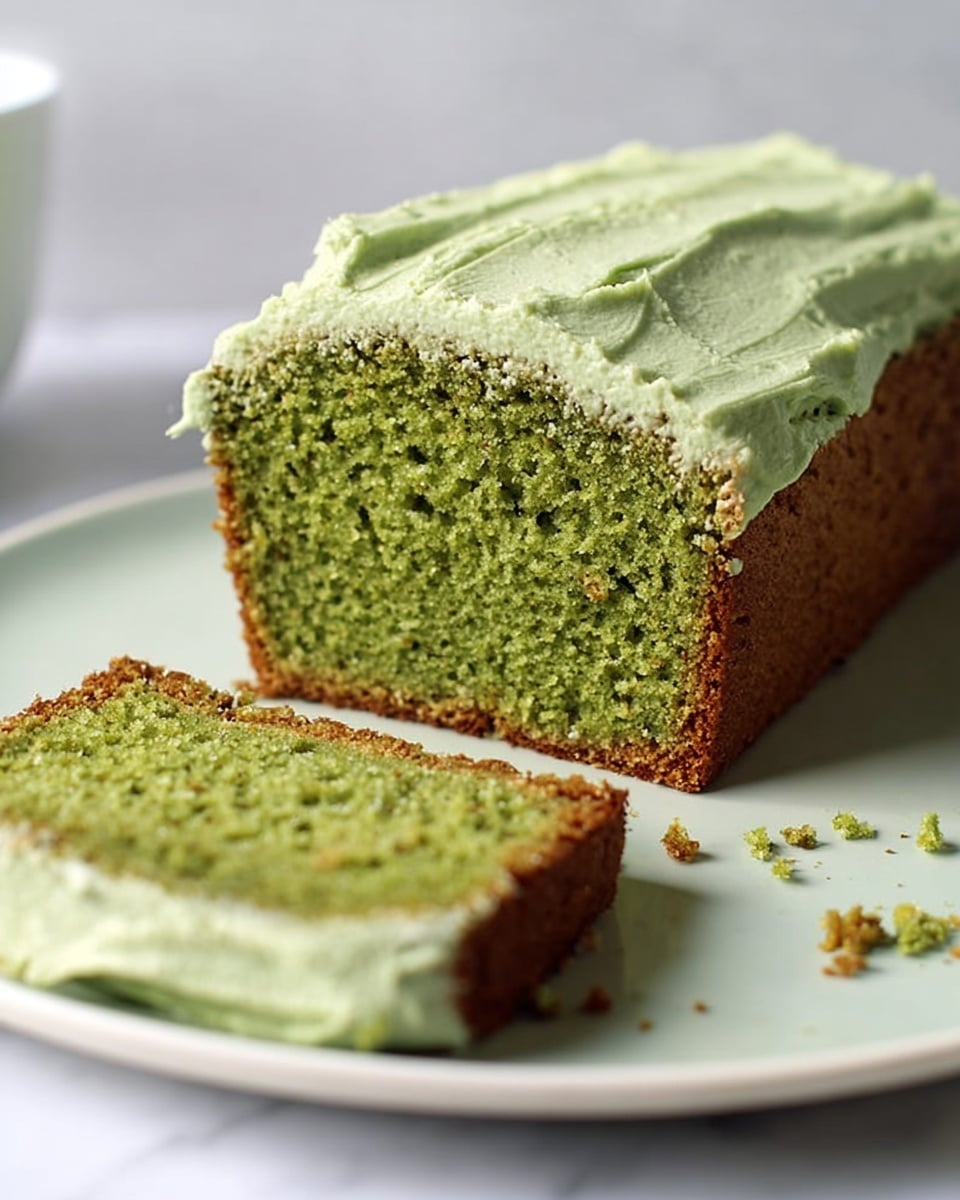 The image shows a single thick slice of green cake on a white plate, with light green creamy frosting spread thickly on the bottom half of the slice. The cake's texture looks soft and slightly crumbly, with a browned crust on the outside edges. In the background, there is a white rectangular plate holding the rest of the cake, with one slice already cut. The setting includes a white and dark striped fabric under the plate and a white marbled surface as a background. A silver fork rests beside the slice on the plate. Photo taken with an iphone --ar 4:5 --v 7