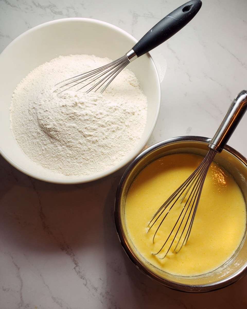A round cake with one slice taken out sits on a white plate with a floral pattern. The cake has two main layers: the bottom layer is a thick, soft, light yellow cake, and the top layer is covered with many small, dark blueberries that are dusted lightly with powdered sugar. The sides of the cake are golden brown with a slightly rough texture. The background shows out-of-focus yellow lemons and green leaves, resting on a white marbled surface. Photo taken with an iphone --ar 4:5 --v 7