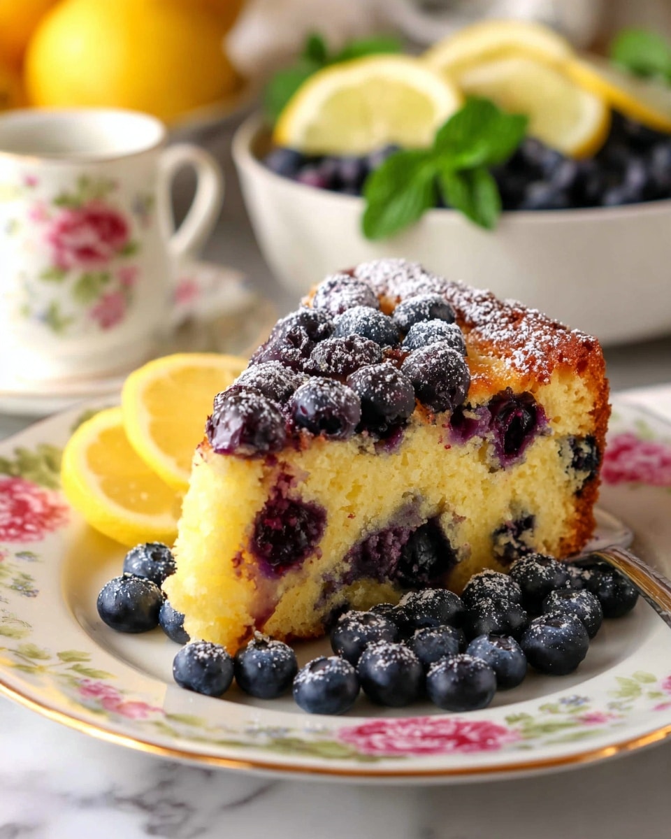 A thick slice of blueberry cake with a golden-yellow crumb and a slightly browned crust sits on a white plate with floral patterns. The top layer is covered with whole blueberries dusted lightly with powdered sugar, creating a mix of deep purples and soft white speckles. Fresh blueberries are scattered around the base of the cake slice on the plate. To the left of the slice, there are three bright yellow lemon wedges. In the blurred background, a white bowl filled with blueberries and lemon slices garnished with green mint leaves is visible, all set against a white marbled surface. Photo taken with an iphone --ar 4:5 --v 7