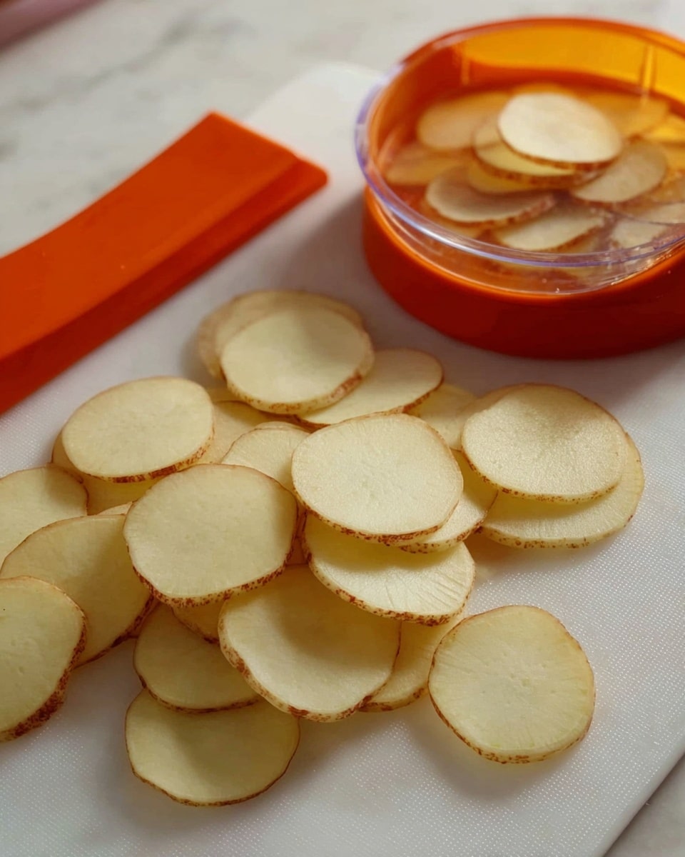 Thin, round slices of light yellow potato with slightly brown edges are spread out on a white marbled surface. On the left side of the image, there is an orange slicing tool, and on the right side, there is a transparent circular slicer with an orange top, holding another potato ready to be sliced. The scene is focused on preparing the potato slices with a clean, bright background. photo taken with an iphone --ar 4:5 --v 7