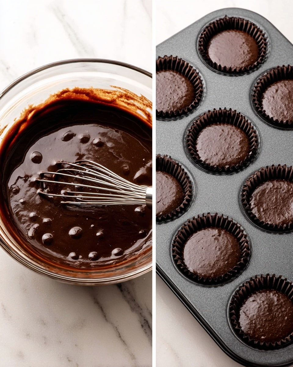 A close-up view of a chocolate cupcake in a white crinkled paper liner stained with dark chocolate crumbs, with one bite taken out showing the rich, moist, dark brown cake texture inside. The top layer is a thick spread of creamy white frosting with specks of chocolate crumbs sprinkled on it. Two small candy eggs, one light blue and one white, rest on top of the frosting. The cupcake is set on a white marbled surface with other similar cupcakes and scattered small candy eggs visible in the background. Photo taken with an iphone --ar 4:5 --v 7