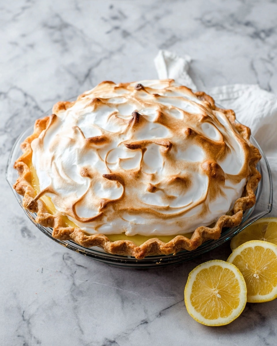 A round lemon meringue pie with three visible layers sits on a clear glass pie dish on a white marbled surface; the bottom layer is a thick light brown pastry crust, the middle layer is smooth lemon filling hidden under the meringue, and the top layer is fluffy white meringue with peaks toasted to light golden brown in swirled patterns. Next to the pie are two lemon halves showing bright yellow insides. photo taken with an iphone --ar 4:5 --v 7