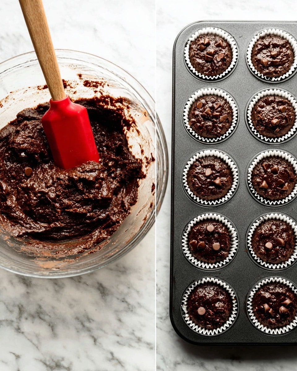 Two dark brown chocolate muffins are stacked on top of each other on a wooden board with a rough texture. Each muffin is in a white paper wrapper with ridges, showing some crumbs and moisture stains. The top muffin has visible chocolate chips embedded in its slightly cracked surface. In the background, more chocolate muffins and a yellow banana are softly blurred, all set against a white marbled surface. photo taken with an iphone --ar 4:5 --v 7