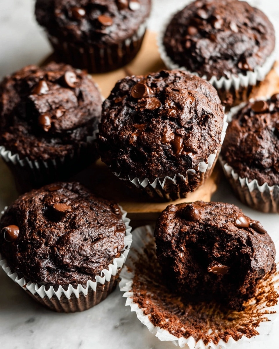 The image shows eight dark chocolate muffins with a rough textured top. Each muffin is wrapped in white paper liners, revealing a moist and dense inside with some chocolate chips scattered on top and inside. One muffin is broken open, sitting on its side at the back, showing its thick, dark interior full of melted chocolate bits. The muffins are placed on a white marbled surface that contrasts with the dark color of the muffins, making them look rich and fresh. photo taken with an iphone --ar 4:5 --v 7