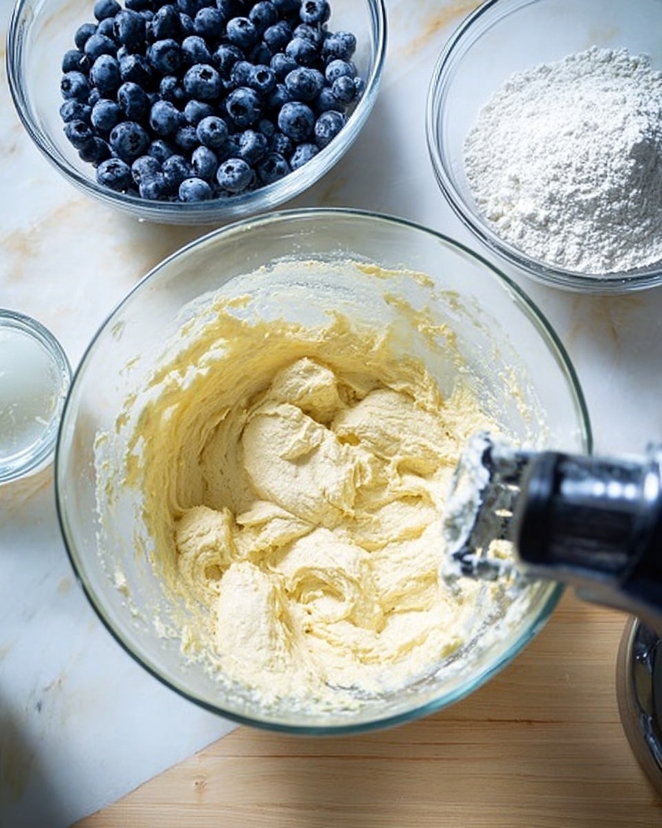 The image shows a clear glass bowl in the center on a white marbled surface, with a creamy, pale yellow mixture being mixed by a hand mixer. Surrounding the bowl, there is another clear glass bowl on the top left filled with bright blue blueberries and some white powder on top, a small glass of white liquid near the top center, and a glass bowl with white flour on the top right. The texture inside the main bowl looks soft and smooth, with some of the mixture sticking to the sides of the bowl. The scene is well lit with natural light. Photo taken with an iphone --ar 4:5 --v 7