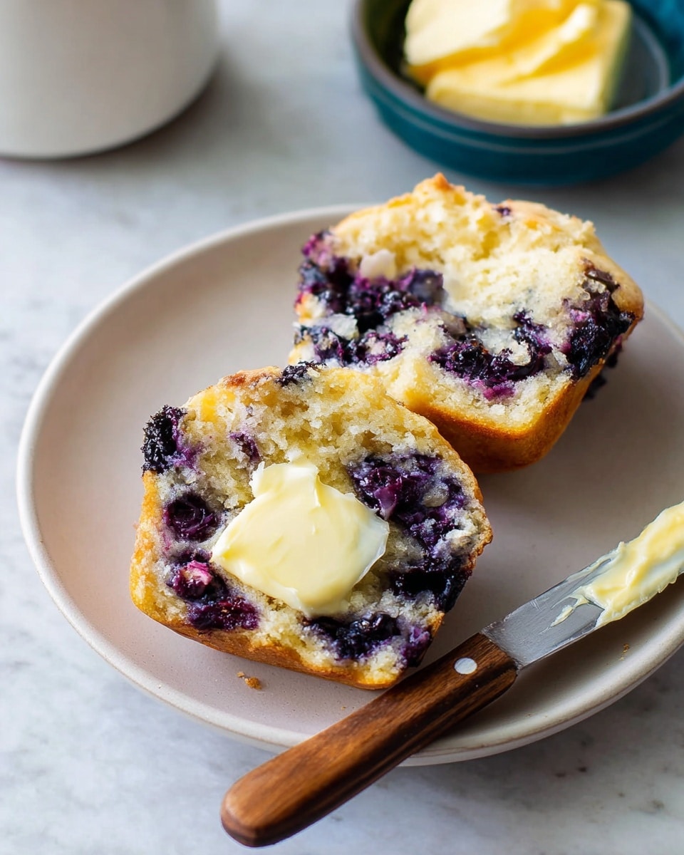 Two halves of a blueberry muffin with a golden brown top and soft yellow interior are placed on a white plate. The muffin is filled with dark purple blueberries that spread through the crumb, and a dollop of melting pale yellow butter sits on one half. A butter knife with a wooden handle and some softened butter on the blade rests on the plate next to the muffin. In the background, there is a smaller white bowl with a chunk of butter, and the surface beneath all items is a white marbled texture. photo taken with an iphone --ar 4:5 --v 7