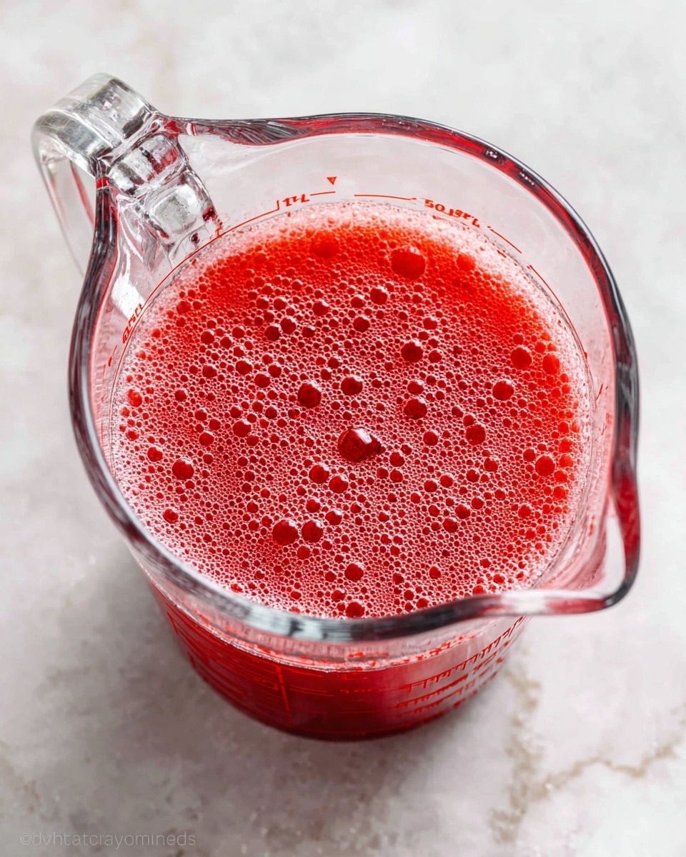 A clear glass measuring cup filled with bright red liquid that is covered with many small bubbles on the surface. The liquid fills the cup nearly to the top, showing a smooth texture with a layer of foam. The cup is placed on a white marbled surface that adds a clean and soft background to the image. The measuring cup handle is transparent and on the left side of the image, while red measurement markings are visible on the side of the cup photo taken with an iphone --ar 4:5 --v 7