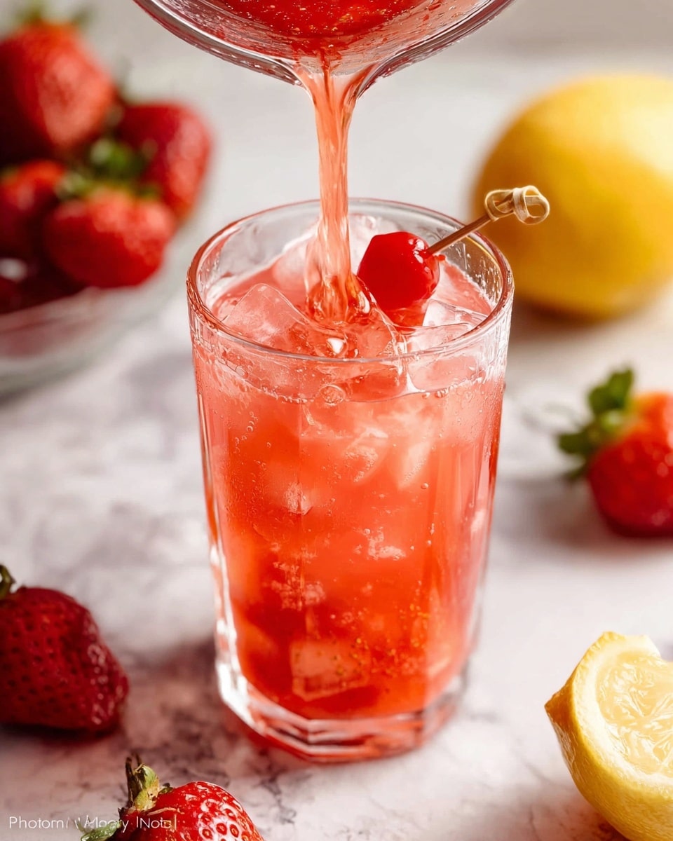 A transparent glass filled with ice cubes and light red-pink strawberry drink is shown, with a light red-pink liquid being poured into it from above. A small red decoration is attached to a wooden stick inside the glass, resting slightly on the drink's surface. Fresh whole strawberries and a half lemon with a yellow peel are scattered around the glass on a white marbled surface. The glass shows condensation, suggesting a cold beverage, and the background is softly blurred. photo taken with an iphone --ar 4:5 --v 7