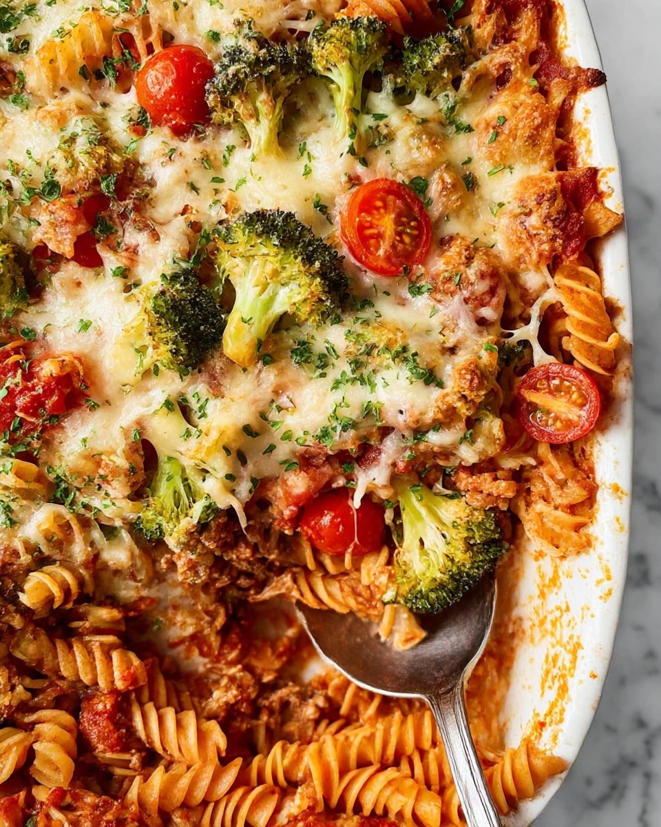 A white rectangular baking dish filled with baked rotini pasta mixed with broccoli florets and halved cherry tomatoes, all covered with melted cheese that is slightly browned and bubbly on top. The pasta is a warm orange-red color from the sauce, and the broccoli adds green pops scattered throughout. There are some fresh green herb bits sprinkled on top. A silver spoon is placed in the dish on the lower left side, showing part of the baked pasta underneath the cheese. The dish is placed on a white marbled surface with a red and beige cloth underneath it. Photo taken with an iphone --ar 4:5 --v 7