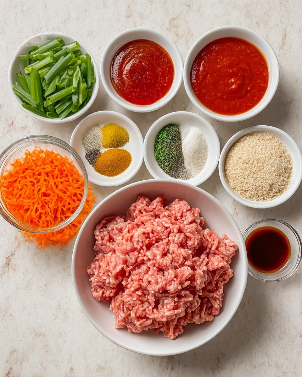 A white bowl filled with pink ground meat is placed in the center on a white marbled surface, surrounded by six smaller white bowls and one glass. Clockwise from top left, the first bowl holds bright green sliced scallions, the second a cup of smooth bright red sauce, the third a white bowl divided into five sections of spices in colors yellow, red, white, black, and beige, the fourth a white bowl with chopped green herbs, the fifth a glass bowl filled with pale beige breadcrumbs, the sixth a small glass of a darker red sauce, and below the scallions, an additional white bowl filled with shredded bright orange carrots. photo taken with an iphone --ar 4:5 --v 7