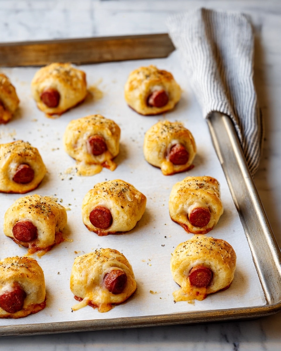 A metal baking sheet lined with white parchment paper holds fifteen small baked rolls with a golden-brown crust, each wrapped around small reddish sausages. The rolls have melted cheese oozing lightly from some edges, sprinkled with black pepper or herbs on top. The background is a white marbled surface, and a striped light gray kitchen towel is placed on the top right corner of the baking sheet. photo taken with an iphone --ar 4:5 --v 7