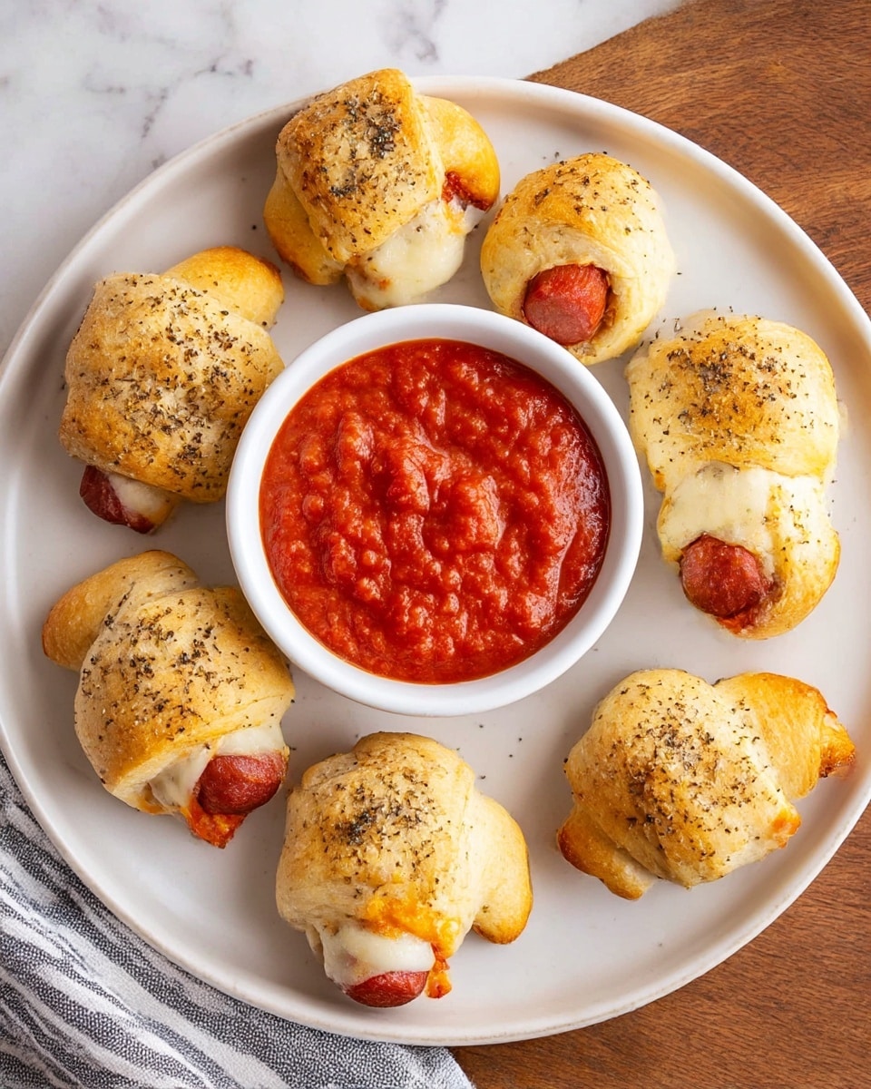The image shows a white plate stacked with small golden-brown rolls each wrapped around a reddish-brown sausage. One roll on top is slightly opened, revealing melted white cheese inside. The rolls have a soft, slightly shiny texture with some black seasoning sprinkled on top. To the right side of the plate, there is a white round ramekin filled with thick red tomato sauce that has visible chunks. The plate is placed on a wooden surface with a plain white marbled textured background. photo taken with an iphone --ar 4:5 --v 7