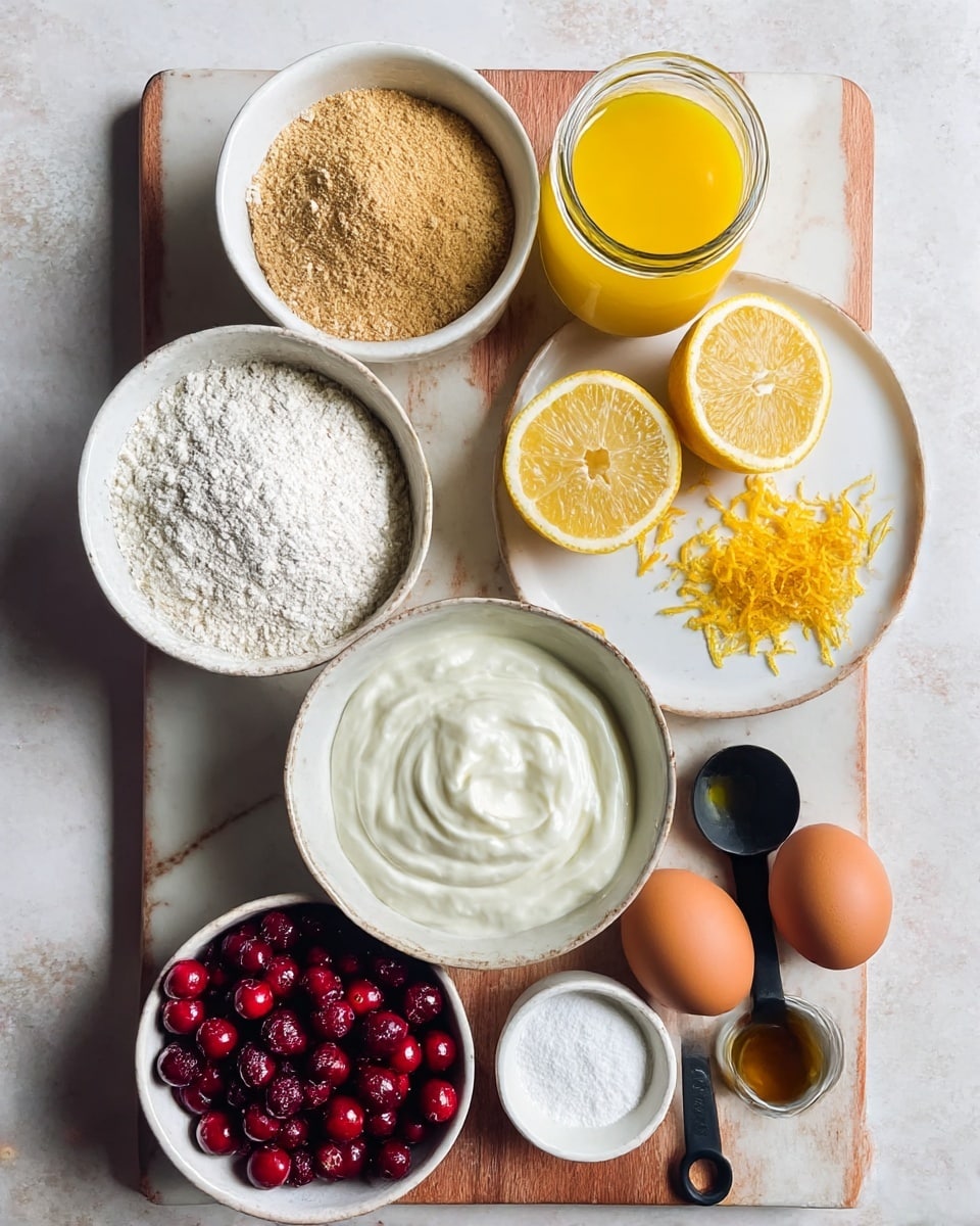 A wooden board with a white marbled texture underneath holds several white bowls and containers arranged neatly. In the top left, a white bowl full of light brown flour sits beside a small glass jar filled with bright yellow juice. To the right, a white plate holds two halves of a bright yellow lemon, a small pile of lemon zest, and a white bowl filled with creamy, smooth white yogurt. Below the flour, a bowl of fresh, shiny dark red cranberries contrasts with a smaller white bowl of light brown sugar next to it. Towards the bottom right, two brown eggs rest close to a small bowl of light yellow oil and two black measuring spoons, one filled with a dark liquid. The scene is softly lit, showing vibrant colors and textures. Photo taken with an iphone --ar 4:5 --v 7