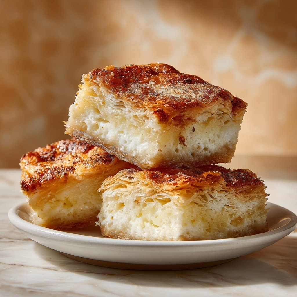 The image shows a square-shaped baked pie with a light golden crust sitting on brown parchment paper. The top layer is creamy with chunks of cooked apple evenly spread throughout the pie, sprinkled with a light dusting of cinnamon that adds a speckled brown texture. The pie has two triangular slices cut and slightly separated from the main piece, revealing a soft, smooth filling beneath the apple pieces. The edges of the pie have a slightly darker golden-brown color, indicating a crispier texture. The whole scene is set on a white marbled surface. photo taken with an iphone --ar 4:5 --v 7