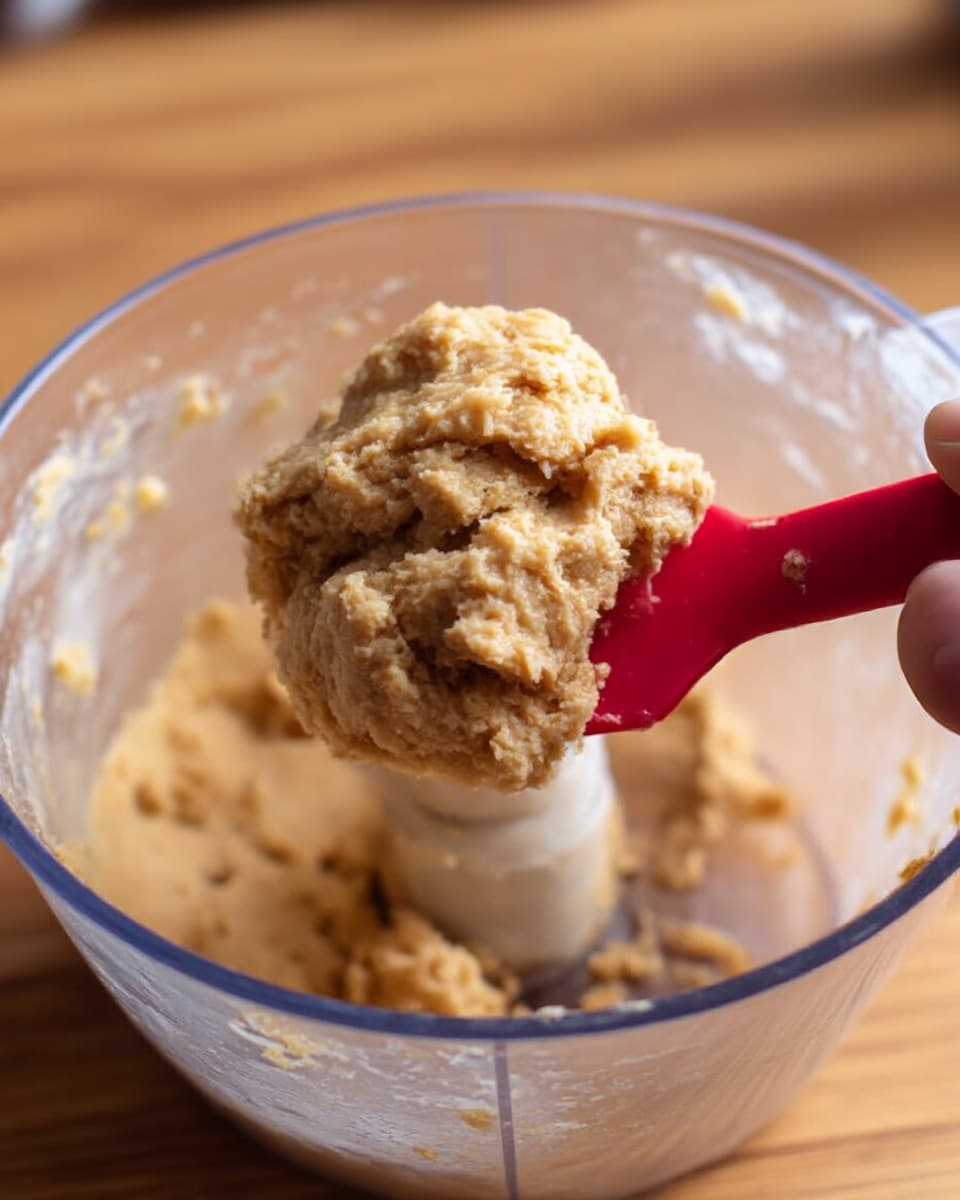 A close-up image showing a clear plastic food processor bowl with thick, light brown dough resting on a red spatula held by a woman's hand. The dough has a rough, slightly lumpy texture and appears dense yet soft. The background has a blurred warm wooden tone, with the clear container edges showing some smudges and bits of dough residue. photo taken with an iphone --ar 4:5 --v 7