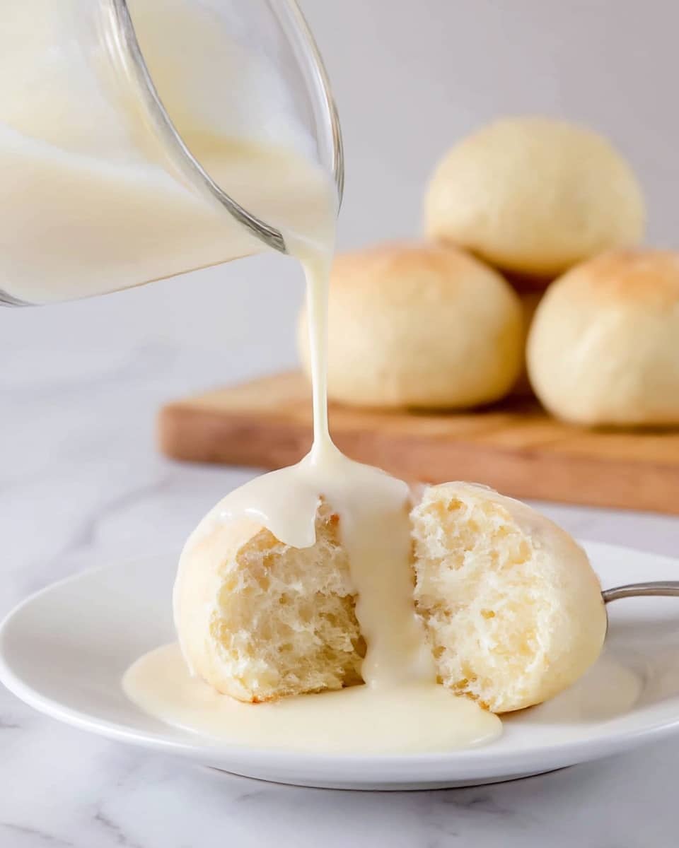 There is one light beige soft bread ball broken in half on a white plate, showing its fluffy inside texture. A thick, smooth white cream sauce is being poured over it from a clear glass container, covering the bread’s top and flowing onto the plate. In the blurred background, three more whole bread balls sit on the same white plate on a wooden board. The scene is set on a white marbled surface. photo taken with an iphone --ar 4:5 --v 7