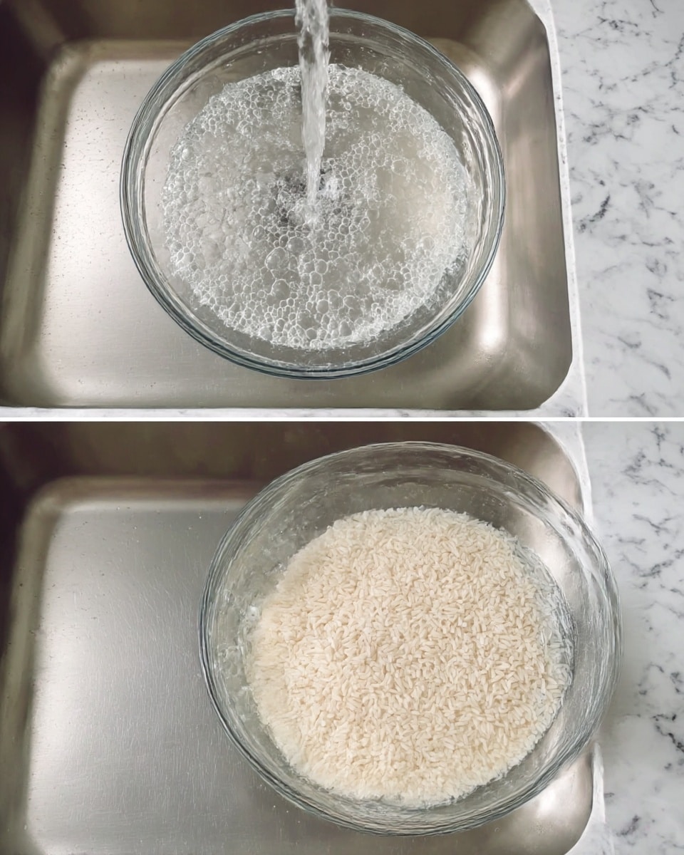 Three photos show a clear glass bowl in a metal sink. The first photo shows water running into the bowl, filling it with clear, bubbly water. In the second photo, white rice grains fill most of the bowl with water below. The third photo shows the rice fully soaked in cloudy water inside the bowl. The background is a white marbled texture. photo taken with an iphone --ar 4:5 --v 7