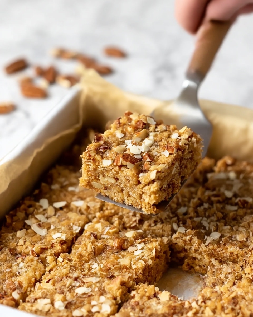 A white plate is piled high with square blondie bars that have a golden-brown color. Each bar has a rough texture with chopped nuts, mainly pecans, embedded on the surface. Large pieces of white coconut flakes are scattered over the blondies, adding contrast to the warm tones. The bars have a thick, chunky look, showing a dense and chewy inside with visible nut pieces. A few whole pecans rest on and around the pile on the plate. The background is a white marbled surface, softly blurred, making the blondies the main focus. photo taken with an iphone --ar 4:5 --v 7