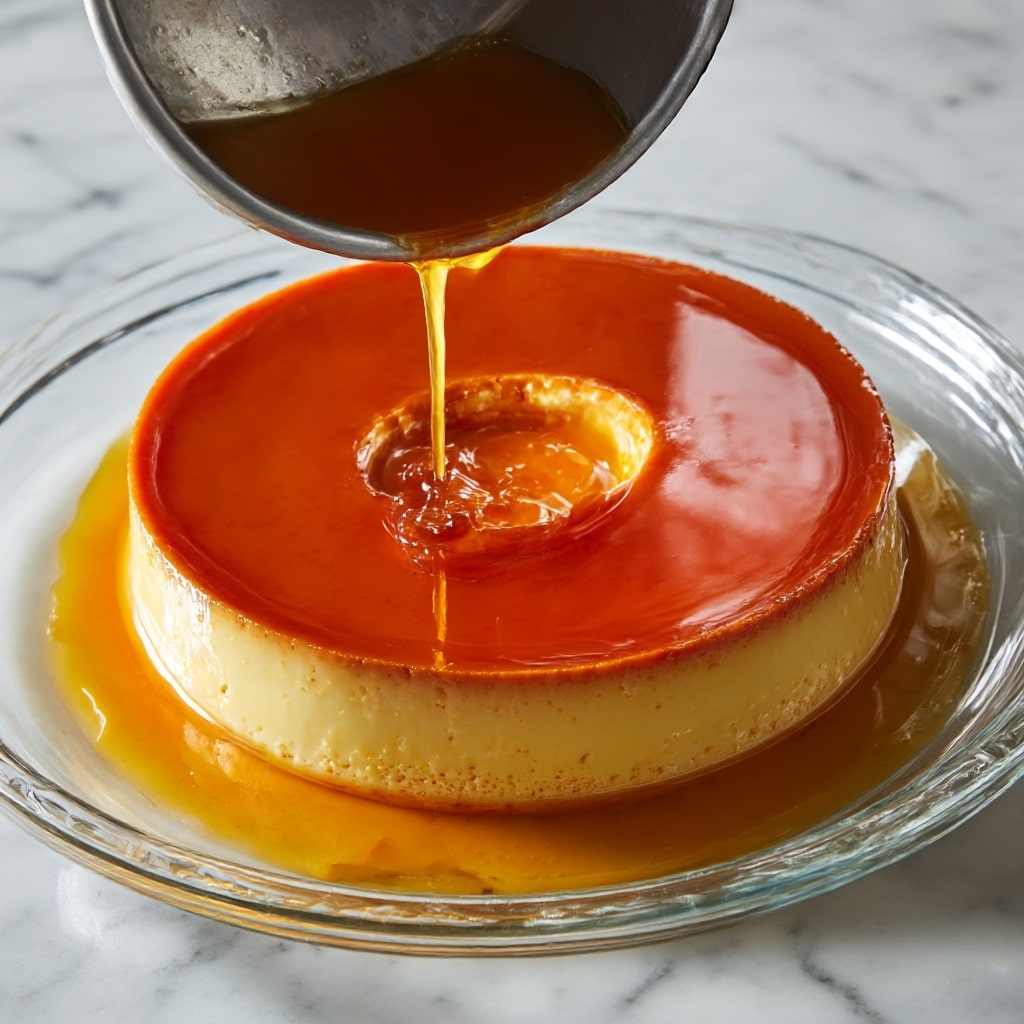 A single slice of smooth flan is shown on a white scalloped plate, placed on a wooden surface. The flan has two layers: a light creamy beige base with a glossy, dark caramel layer on top that is slightly running over the edges onto the plate. A silver spoon rests on the plate behind the slice. In the background, there is a clear glass plate holding the rest of the flan, with one slice missing. A white cloth napkin is partially visible on the right side. The scene uses soft natural light and a shallow depth of field. photo taken with an iphone --ar 4:5 --v 7