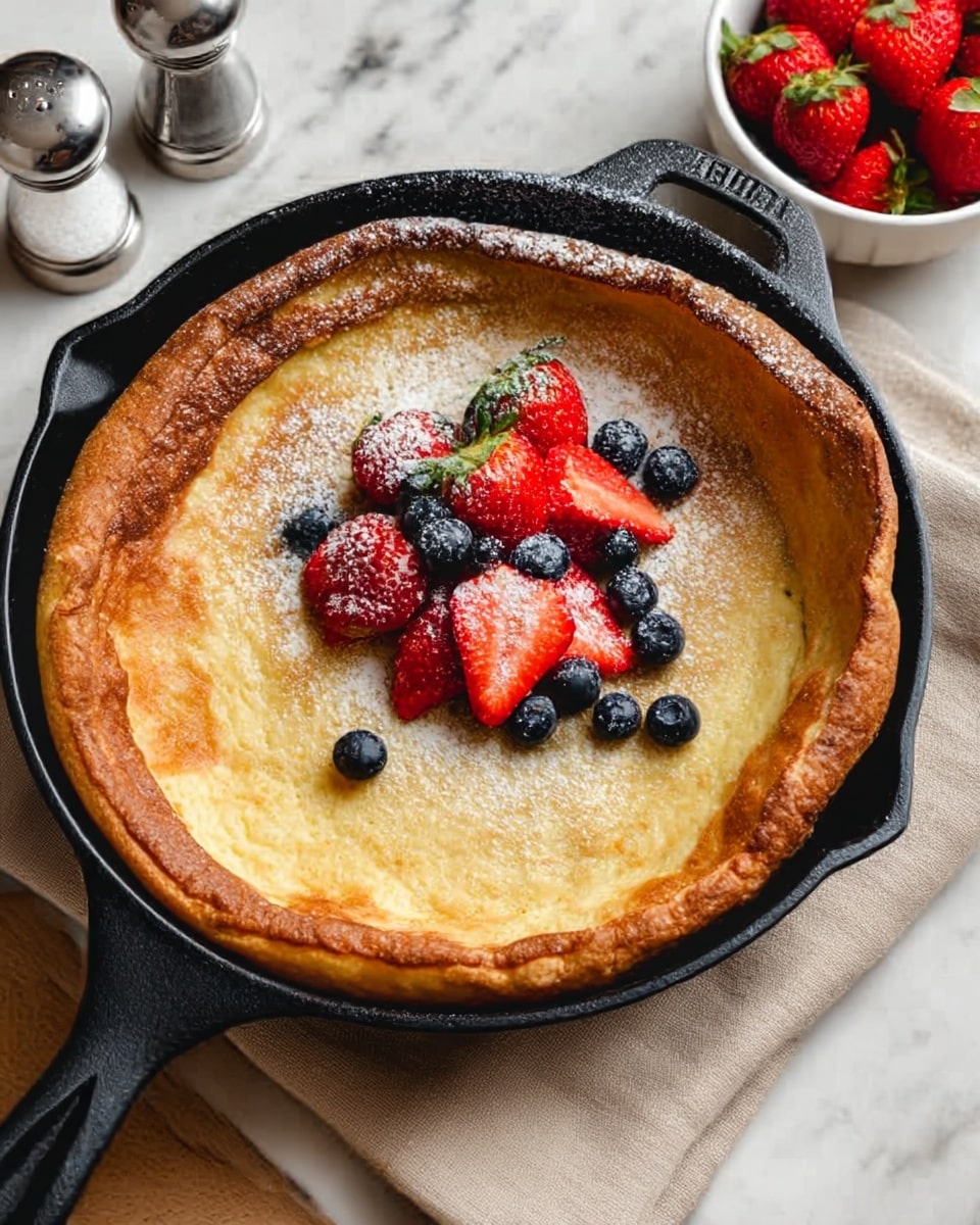 The image shows a black skillet with a golden-brown pancake inside. The pancake has edges that are puffed and darker brown, while the center is lighter and smooth. On top of the pancake, there is a small pile of fresh fruit with bright red strawberries sliced in half and deep blue blueberries scattered around. A light dusting of white powdered sugar covers parts of the pancake and fruits. The skillet sits on a beige cloth and a white marbled surface beneath. Nearby, a small white bowl contains more strawberries and a silver shaker is seen in the background. Photo taken with an iphone --ar 4:5 --v 7