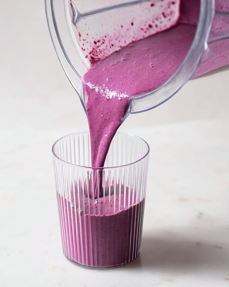 A tall clear glass filled with a smooth, thick pink-purple smoothie sits on a white marbled surface. The top layer of the smoothie is decorated with small clusters of blackberries, blueberries, and red berries scattered in the center, along with a sprinkle of small seeds and oats. Around the glass, some oats are scattered loosely on the white marbled surface, and a ripe yellow banana is blurred in the background on the left side. A small white bowl with various berries is seen out of focus on the right side. photo taken with an iphone --ar 4:5 --v 7