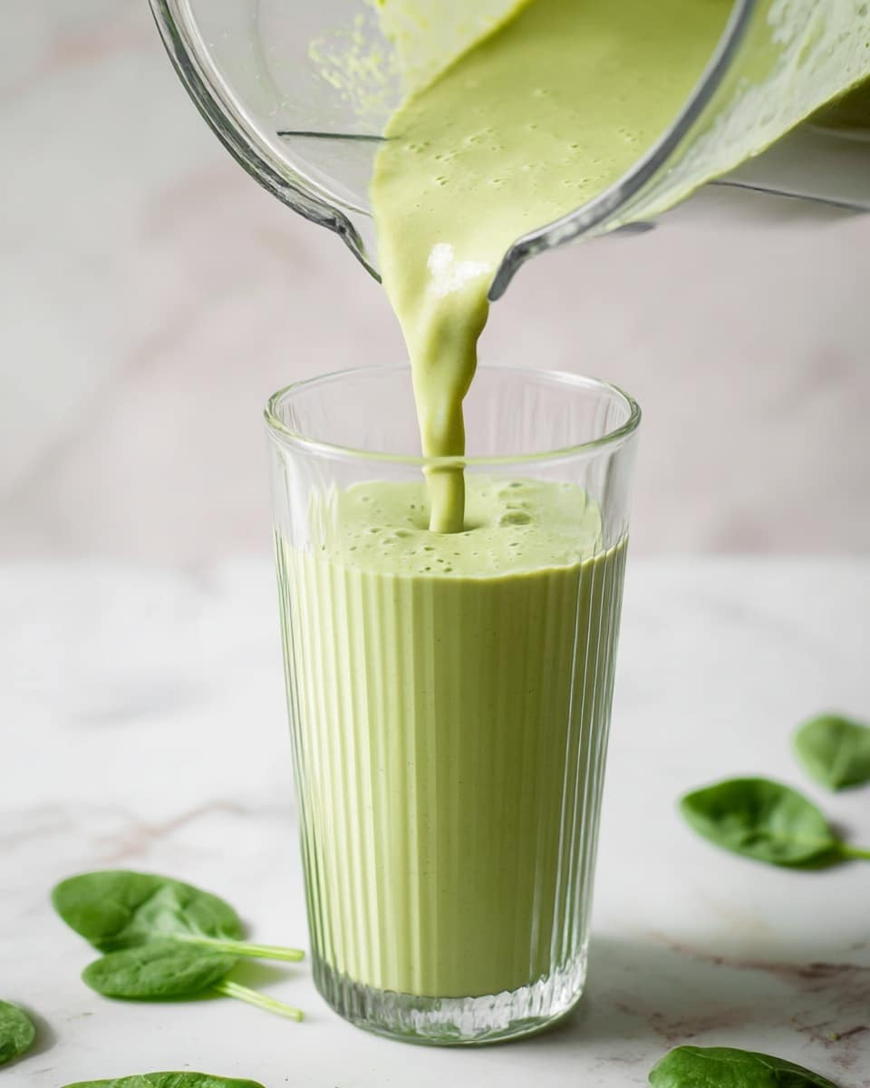 A tall glass filled with a smooth, light green smoothie with tiny bubbles on top, showing a creamy texture. A green patterned straw sticks out from the right side of the glass. The glass has vertical ridges and sits on a white marbled surface. The background is softly blurred, keeping focus on the drink. photo taken with an iphone --ar 4:5 --v 7