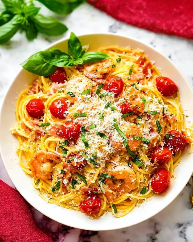Grilled Shrimp and Cherry Tomato Pasta with Basil and Parmesan Recipe