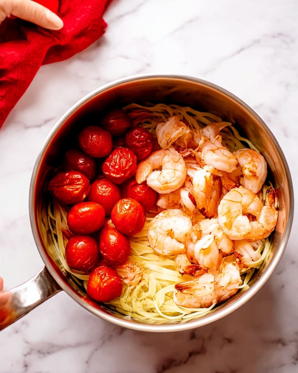 A metal pot holds three layers of food. The bottom layer is pale yellow pasta with a smooth texture, sitting at the base. On top of the pasta are two separate layers side by side: bright red cherry tomatoes on the left, looking shiny and slightly roasted, and cooked shrimp on the right, which are pink with some browned spots and a glossy surface. The pot rests on a white marbled surface with a red cloth in the top left corner, and a woman's hand is about to reach the pot from above. Photo taken with an iphone --ar 4:5 --v 7