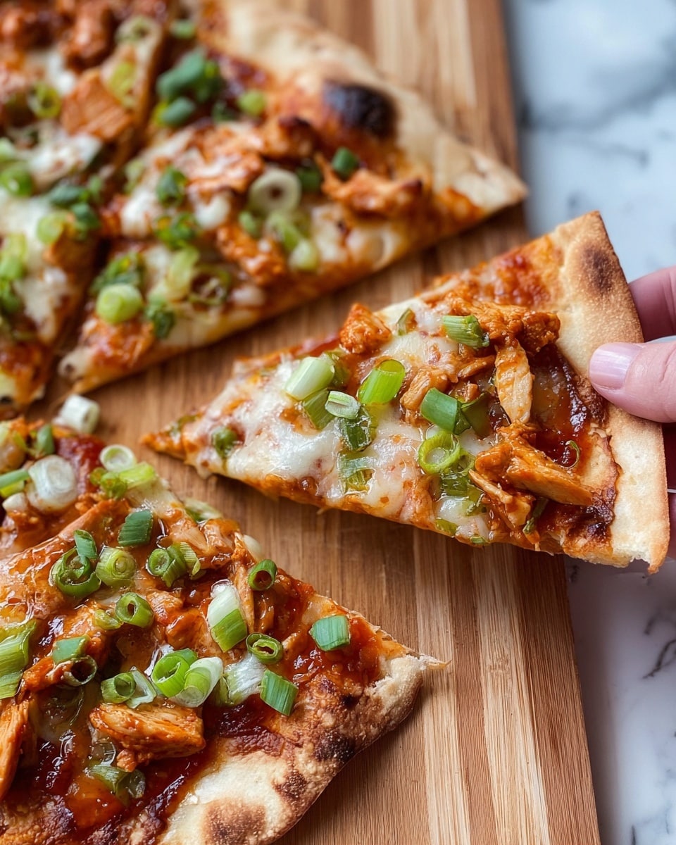 The image shows a close-up of a sliced pizza on a wooden board. The pizza has a thin, light brown crust with some darker spots. There are several layers on each slice: the base layer is a bright red sauce, then melted white cheese covers the surface, topped with cooked pieces of meat that have a reddish-orange color, along with scattered green onions chopped into rings adding a fresh green color contrast. A woman's hand is holding one slice from the bottom right corner. The wooden board shows the texture of the wood grain clearly and the background is a white marbled texture. photo taken with an iphone --ar 4:5 --v 7