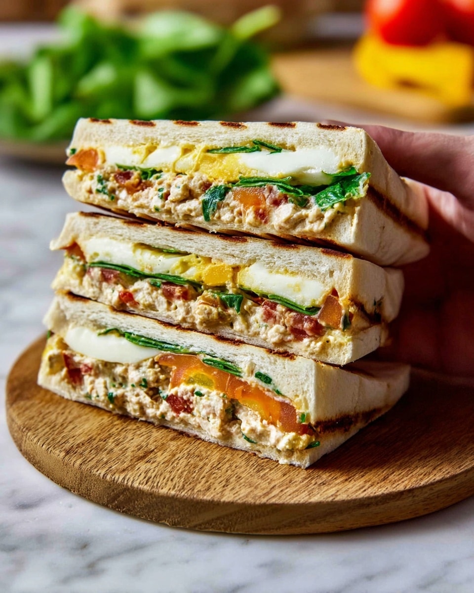 Three thick sandwich halves stand side by side on a round wooden board over a white marbled surface. Each sandwich has three visible layers: the outer layer is a soft, pale bread with light grill marks and thin vertical lines; the middle layer contains melted white cheese with a smooth, creamy texture, mixed with bright orange slices of vegetable and small green leafy parts; the innermost layer is filled with a beige spread mixed with tiny green leaves and bits of red, creating a juicy, chunky texture. Two woman's hands hold the sandwich on the right and left sides, gently pressing the halves together. In the blurry background, green leafy vegetables add a fresh touch. Photo taken with an iphone --ar 4:5 --v 7
