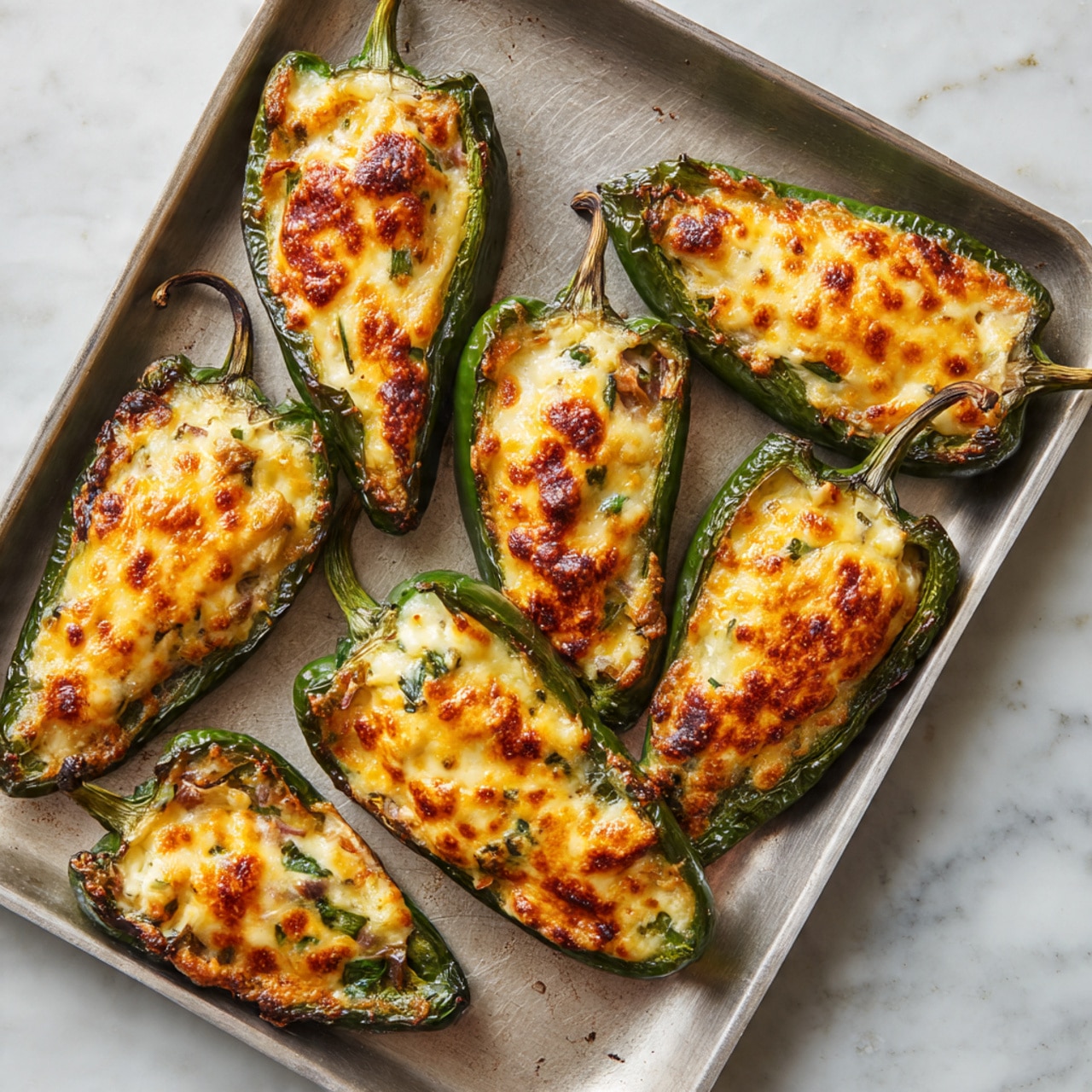 Two stuffed green poblano peppers sit side by side on a long white rectangular plate. Each pepper is filled with a colorful mix of brownish cooked rice, red pepper pieces, small green herbs, and orange melted cheese on top that is slightly browned and bubbly, creating a gooey texture. The peppers' skin is glossy with some charred black marks, showing they are roasted. The plate rests on a white marbled surface with a red and white checkered cloth partially visible beneath it. photo taken with an iphone --ar 4:5 --v 7
